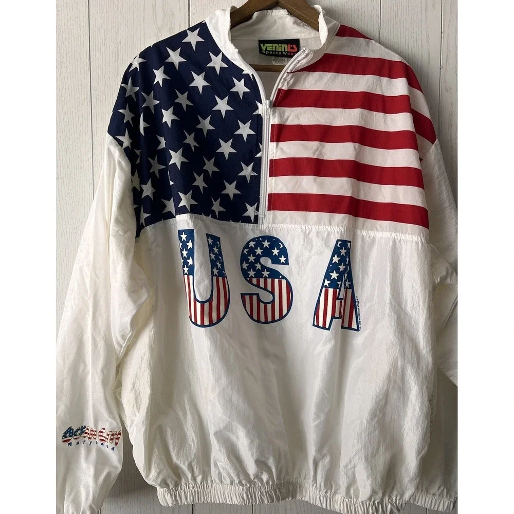 Vintage 90's USA Pullover Mens XL Flag Vinini's Sport Windbreaker Surf STYLE